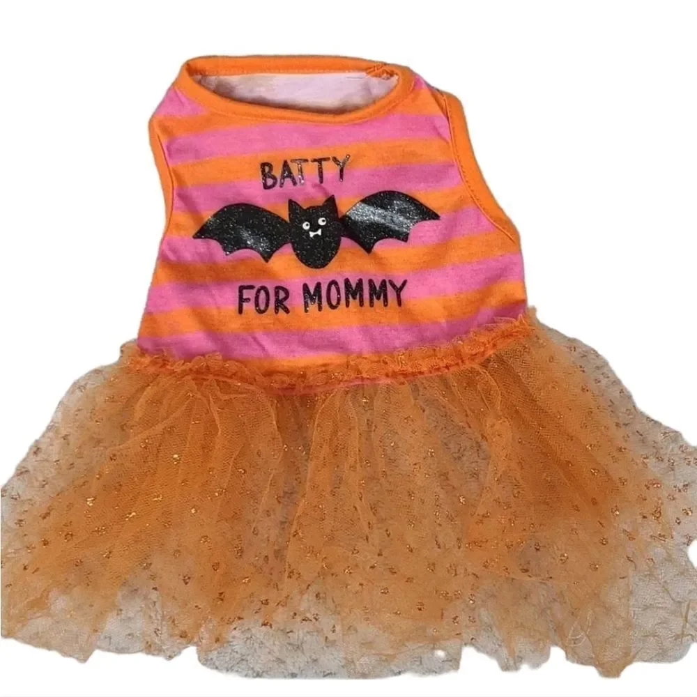 Pet Costume | Halloween Tutu Dog Dress Orange Batty for Mommy Glitter XS Clothes